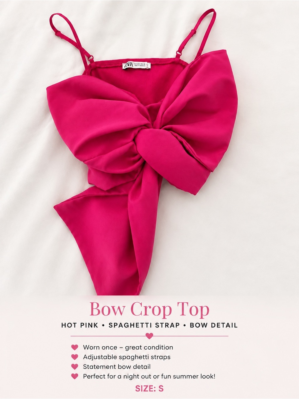 ZARA Hot Pink Bow-Front Crop Top with Spaghetti Straps